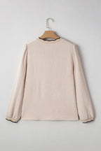 Contrast Scallop Trim V Neck Long Sleeve Blouse