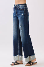 P1554W-DK HIGH RISE STRETCH WIDE LEG W/ CUFFED HEM JEANS