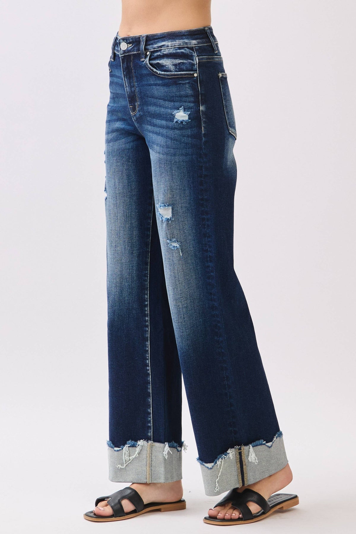 P1554W-DK HIGH RISE STRETCH WIDE LEG W/ CUFFED HEM JEANS