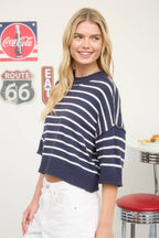 STRIPE RAW EDGE DROP SHOULDER SHORT SLEEVE SWEATER