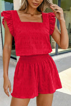 Texture Top & Shirred High Waist 2pcs Shorts Set | S-XL