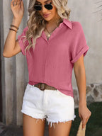 Pink Solid Color Short-Sleeve Button-Up Shirt