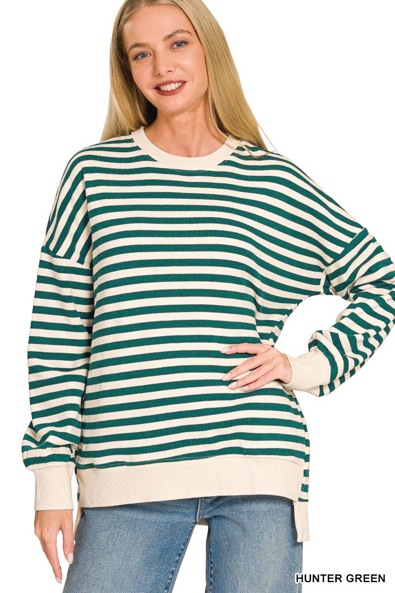 Premium Yarn Dyed Stripe Fleece Hi Low Sweatshirt w/ Pockets