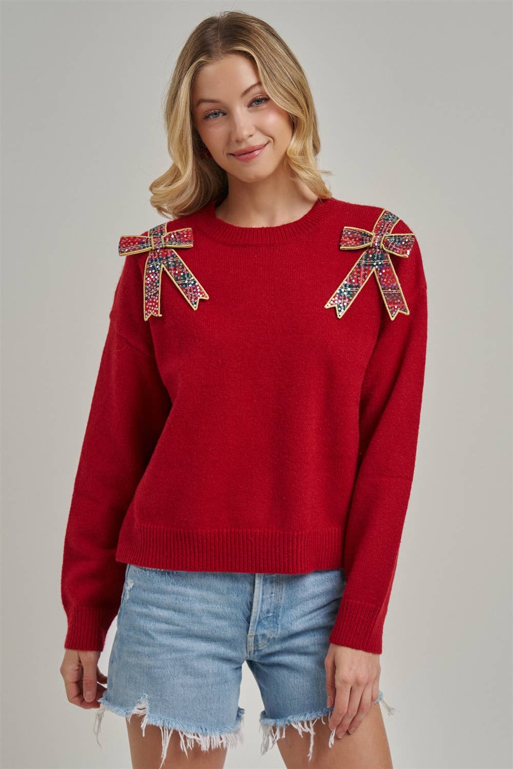 CHRISTMAS HOLIDAY SWEATER TOP WITH BOW APPLIQUES_JLT00420-01