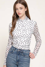 Long Sleeve High Neck Ruched Dot Print Mesh Top