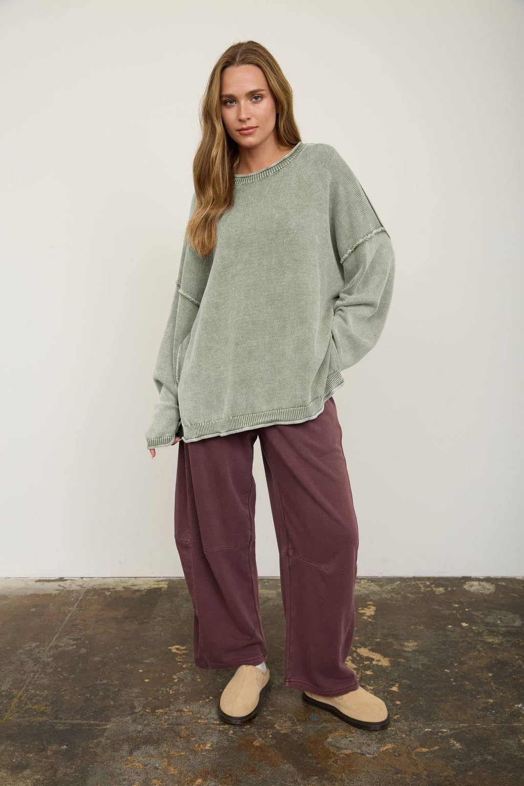 WASHED RAW EDGE CREW NECK DROP SLEEVE SWEATER