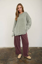 WASHED RAW EDGE CREW NECK DROP SLEEVE SWEATER