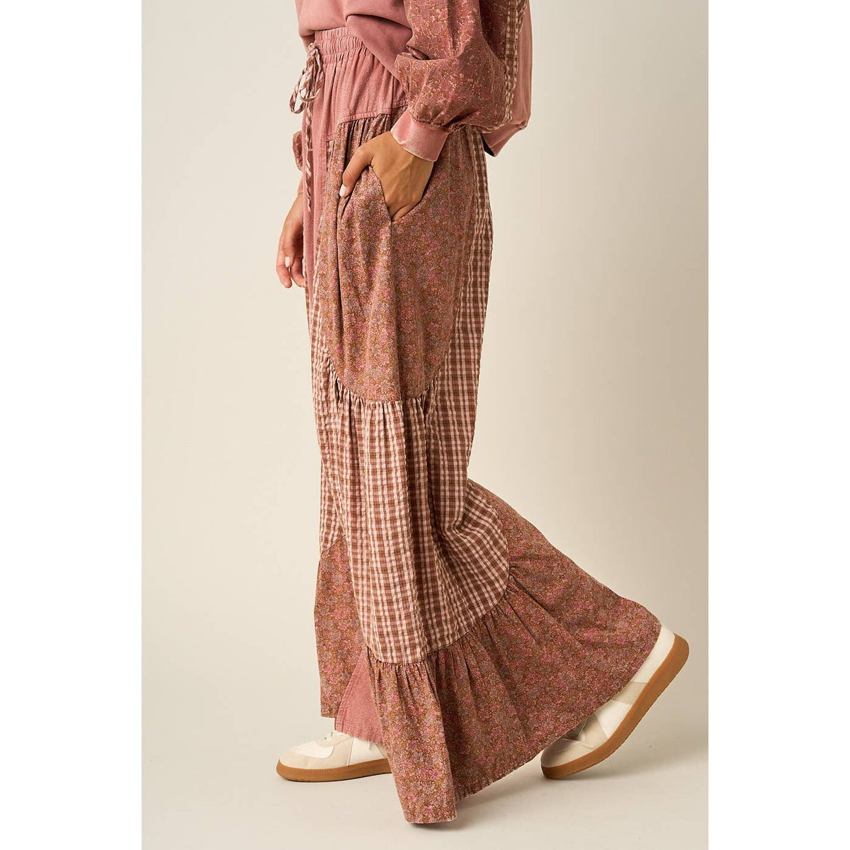 PATCHWORK MIXED PRINT WIDE LEG PANTS