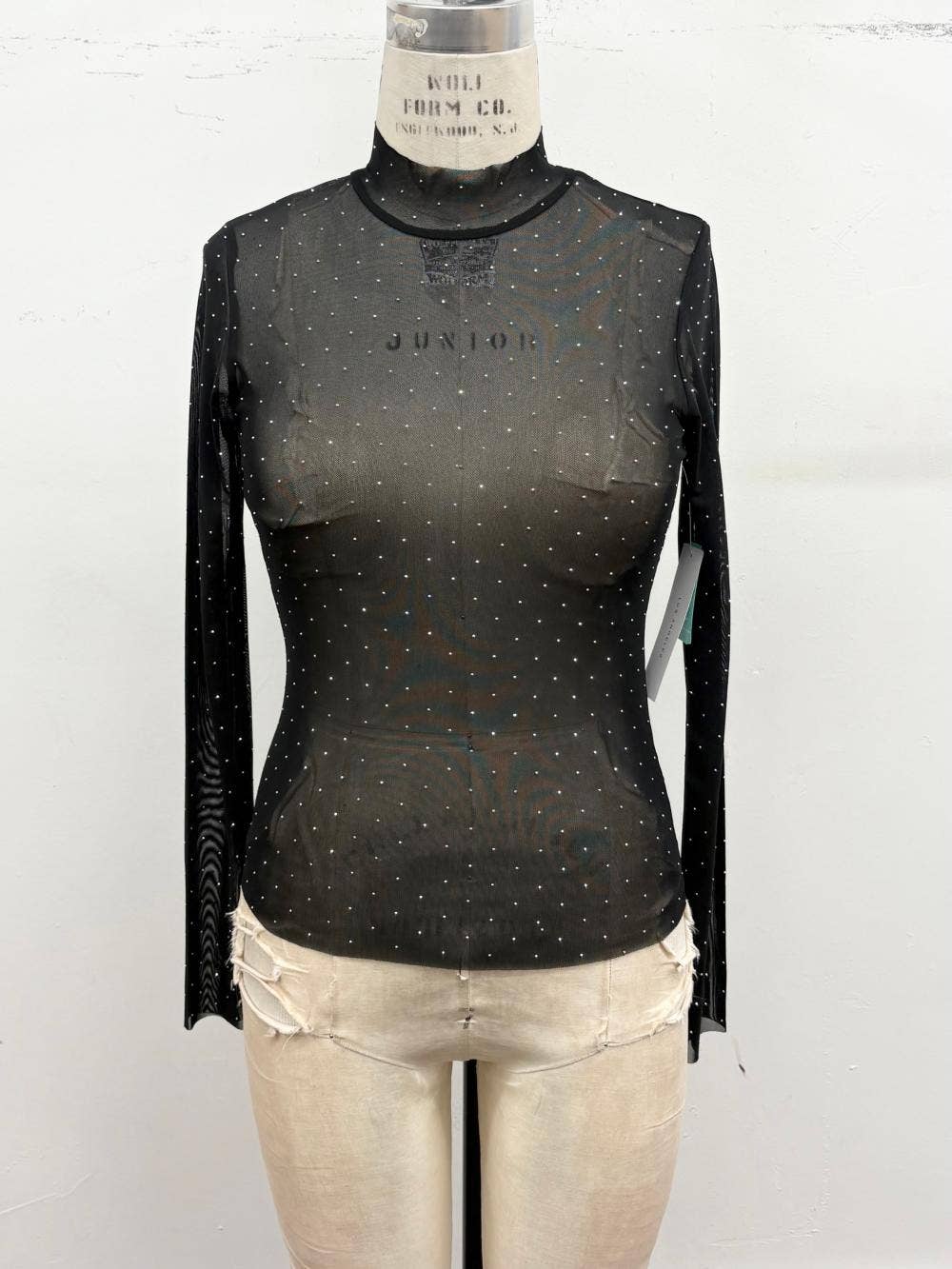 Rhinestone Sheer Mesh Mock Neck Top