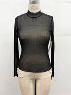 Rhinestone Sheer Mesh Mock Neck Top