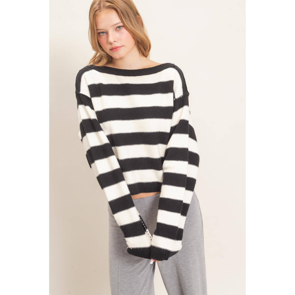 Striped Boat Neck Knit Sweater