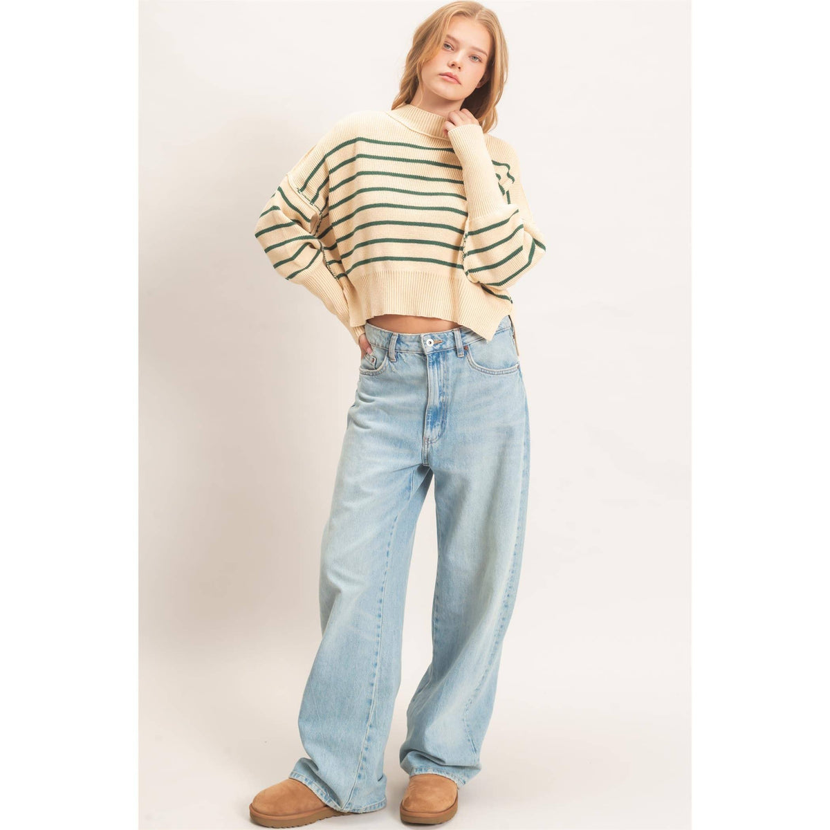 Striped Mock Neck Cropped Sweater