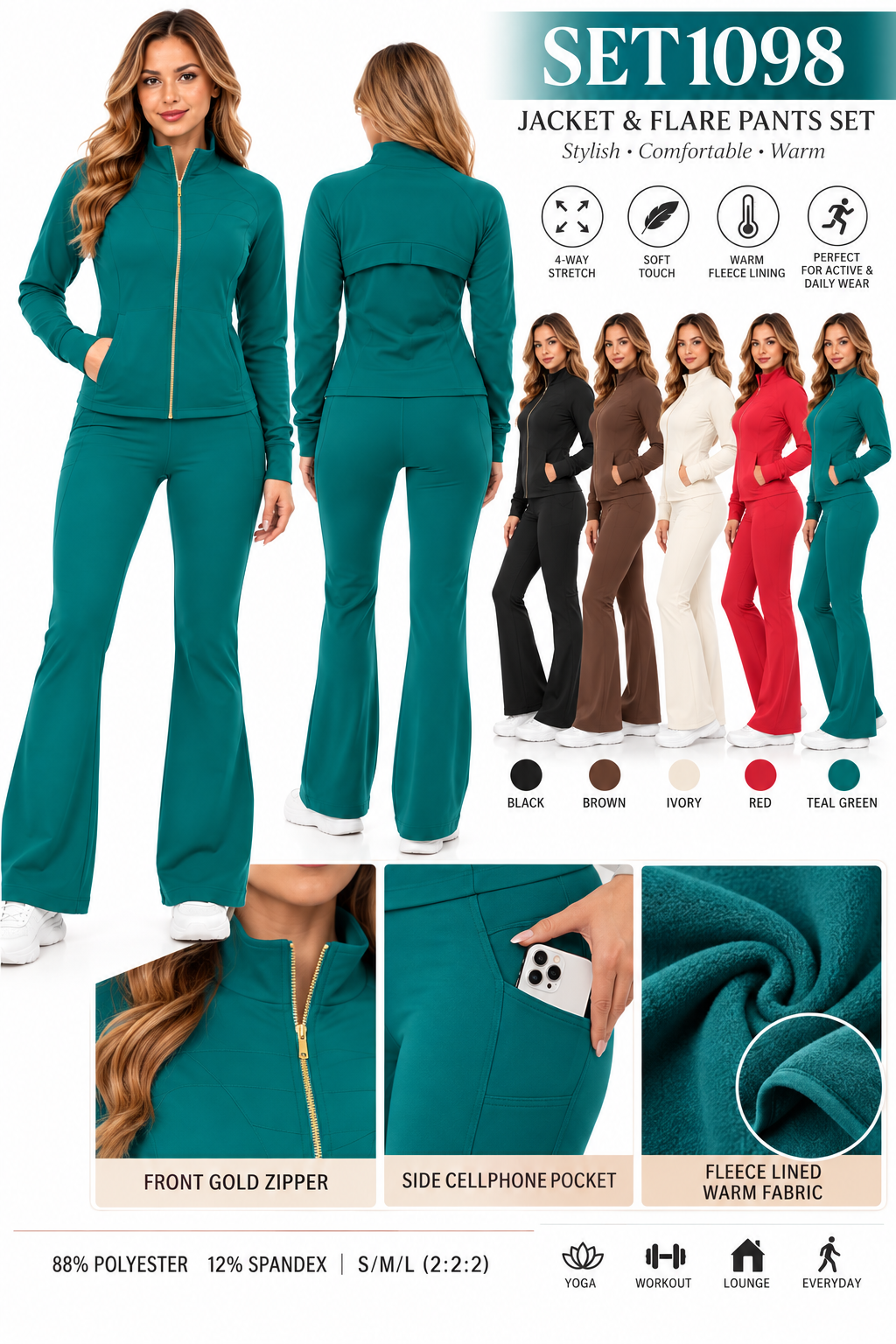 Fleece lined define gold zipper jacket with flare pants set