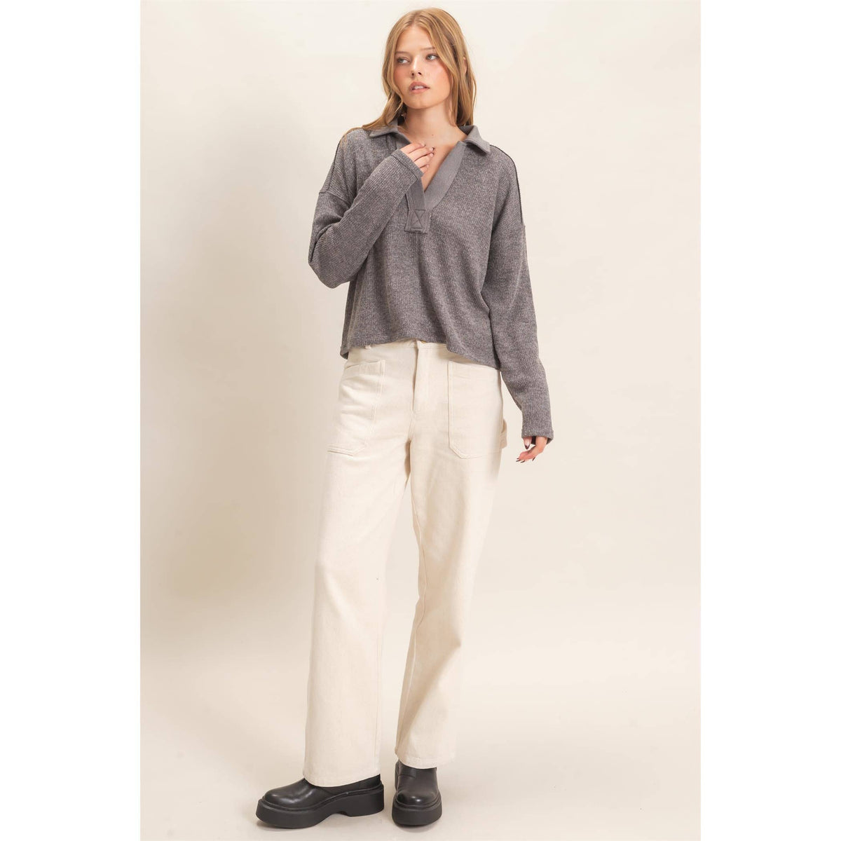 Ribbed Collared Pullover Top