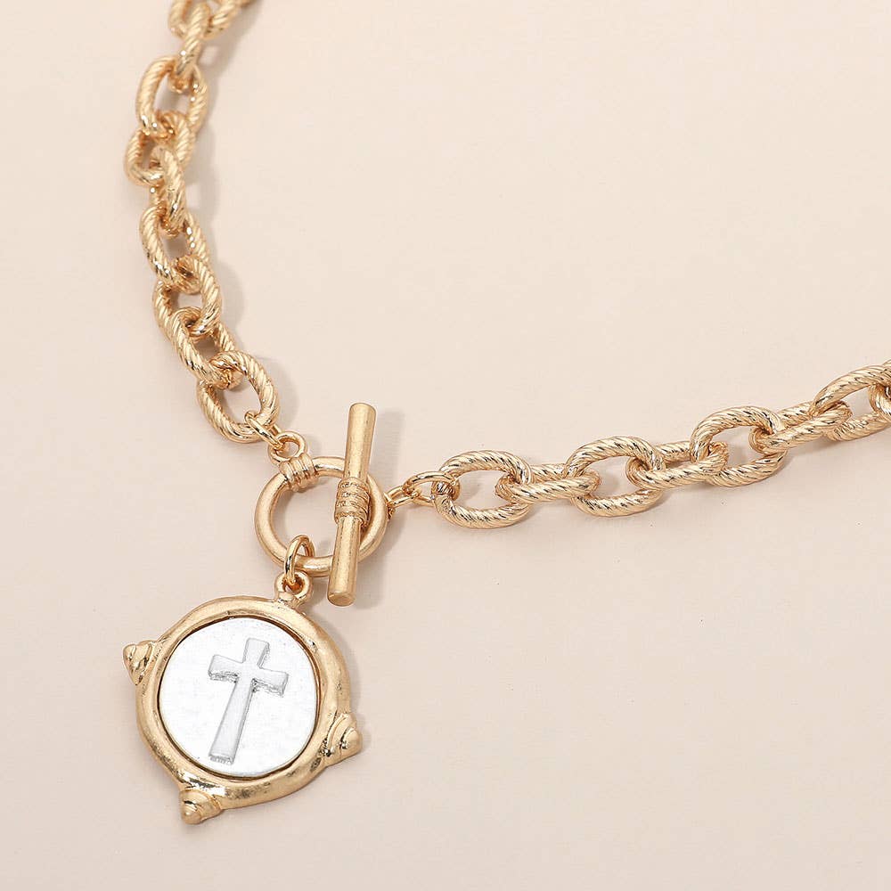 Vintage-Inspired Metal Cross Embossed Medallion Pendant Toggle Necklace
