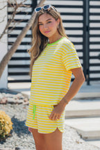 Contrast Neck Loose Tee and Drawstring Shorts Set