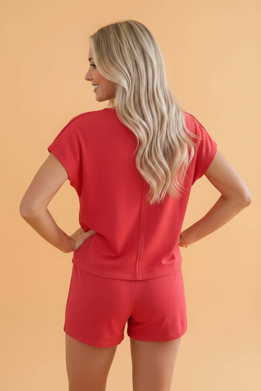 PRETTY BASH Solid Polo Tee & Elastic Waist Short Set