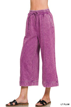 Acid Washed Fleece Pintuck Wide Leg Cropped Pants w/ Pockets