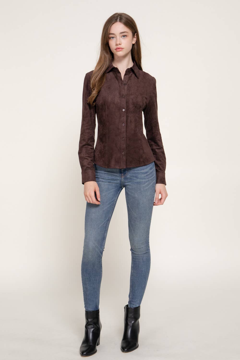 Long Sleeve Button Down Stretch Faux Suede Shirt