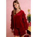HOLIDAY VELVET RUFFLED SLEEVES V NECK TOP