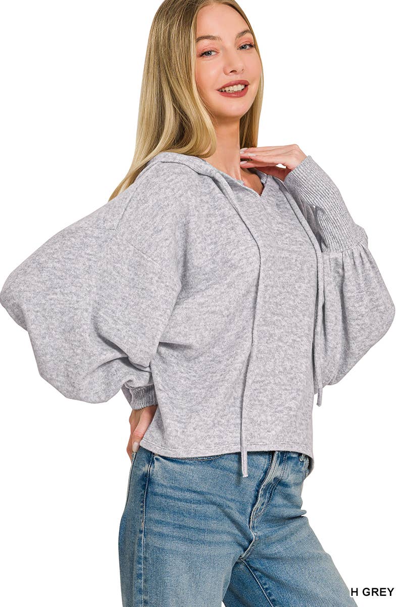 Soft Brushed Hacci Cropped Balloon Sleeve Hoodie Zenana