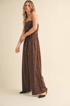 LEOPARD SUEDE STRAPLESS BELTED JUMPSUIT