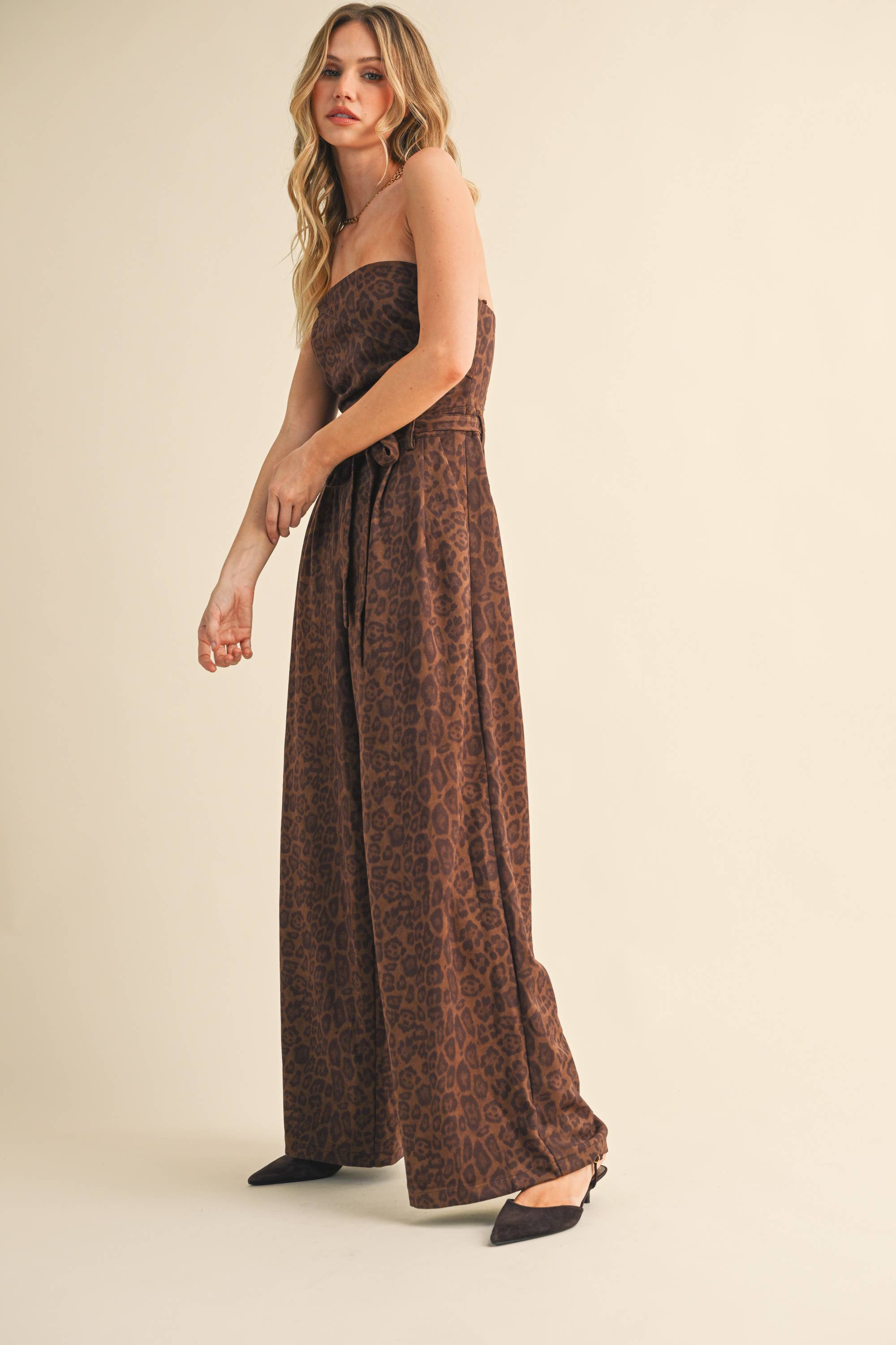 LEOPARD SUEDE STRAPLESS BELTED JUMPSUIT