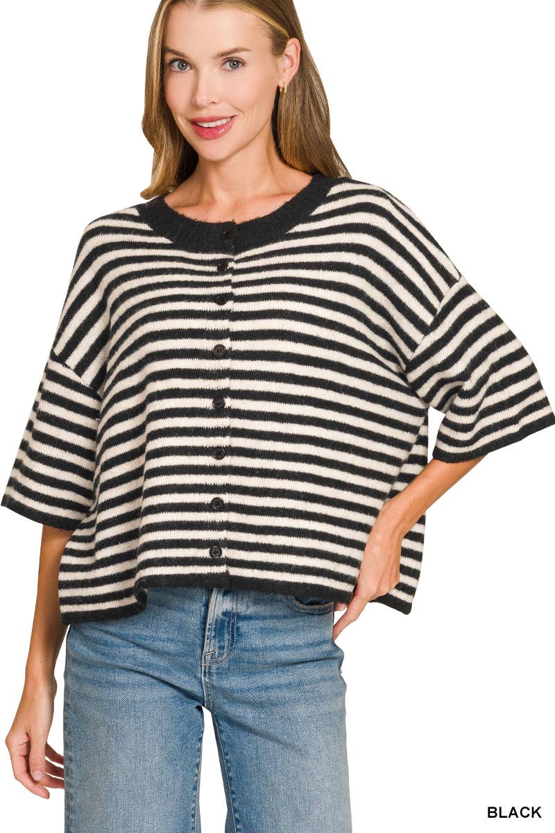Striped Wool Blend Short Sleeve Cardigan Sweater