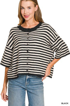 Striped Wool Blend Short Sleeve Cardigan Sweater
