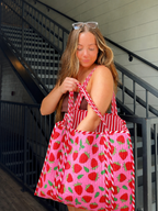 Quilted Tote Bag | Pink Strawberry Bag | Large Shopping Tote