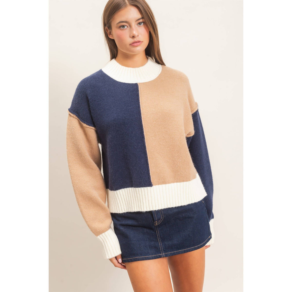 Color Block Mock Neck Sweater