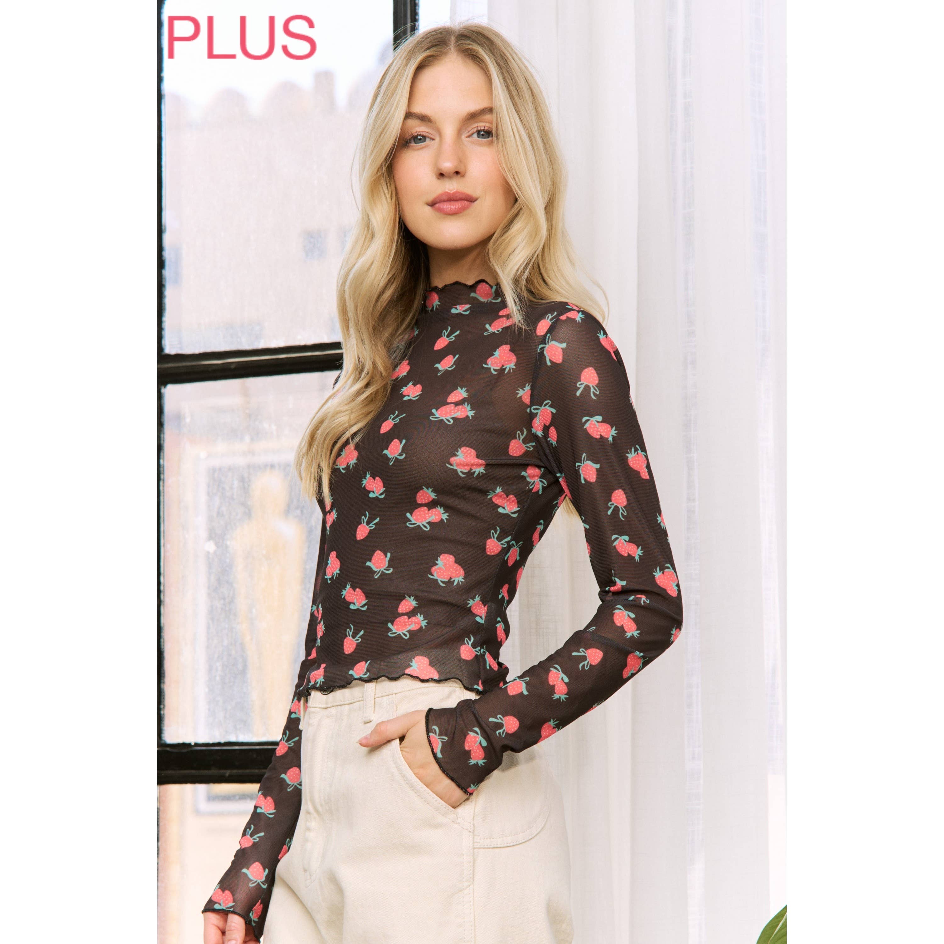 PLUS MESH STRAWBERRY PRINT HIGH NECKLINE CROP TOP