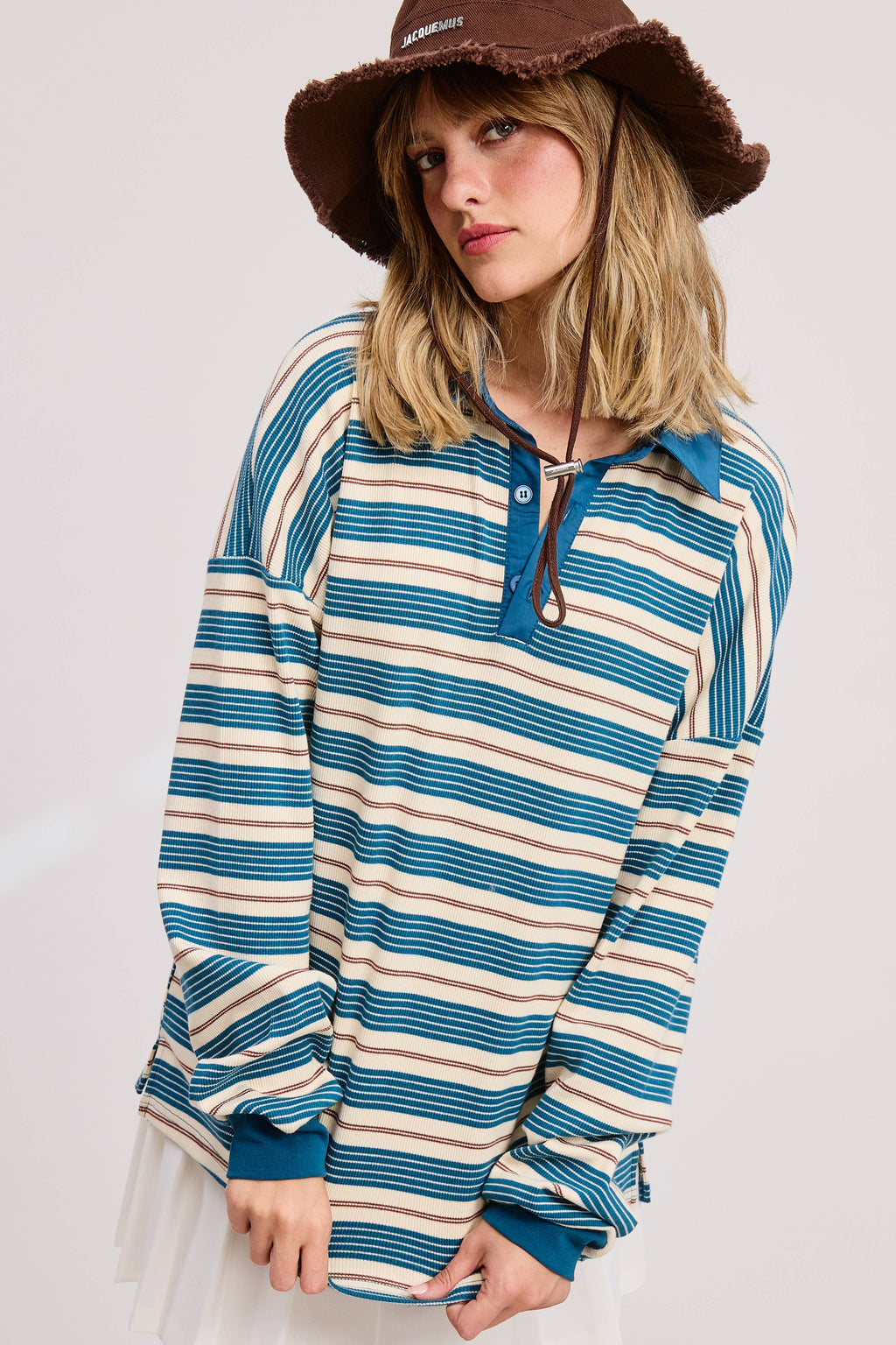 Multicolor Stripe Oversized Long Sleeve Polo Shirt