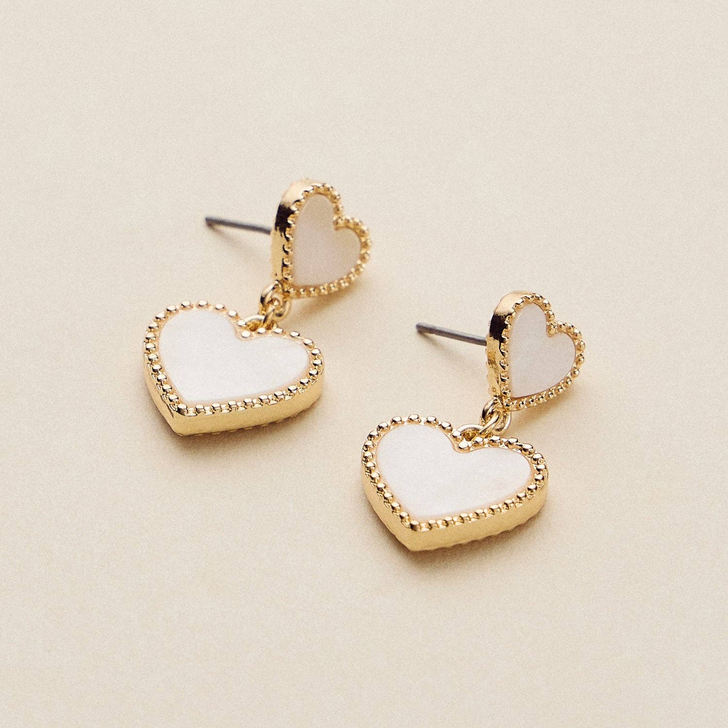 Dual Heart Shell Drop Earrings | Natural Inlay with Polished Metal Trim