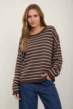 CREAM STRIPED DROP SHOULDER CREW NECK SWEATER