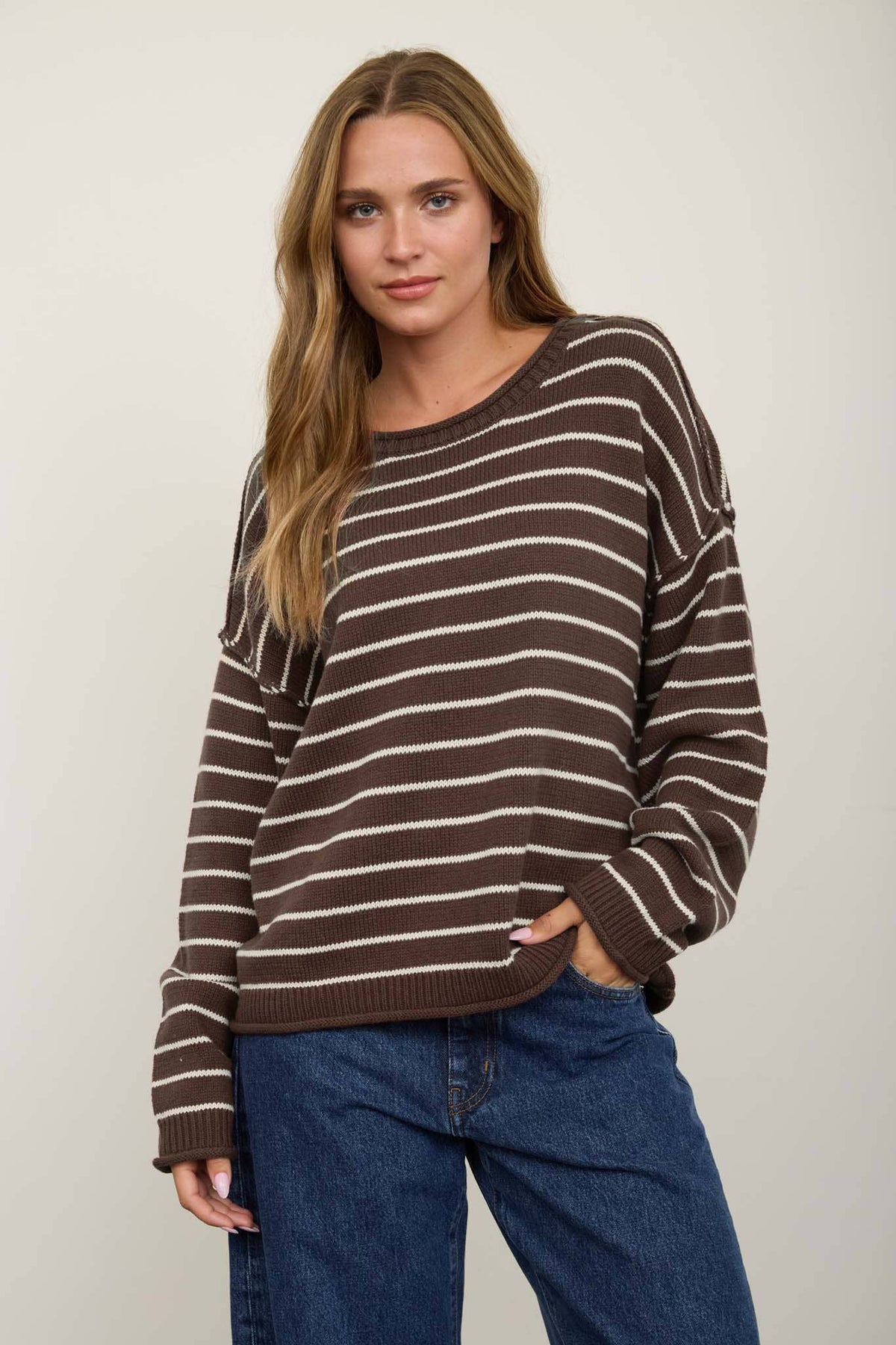 CREAM STRIPED DROP SHOULDER CREW NECK SWEATER