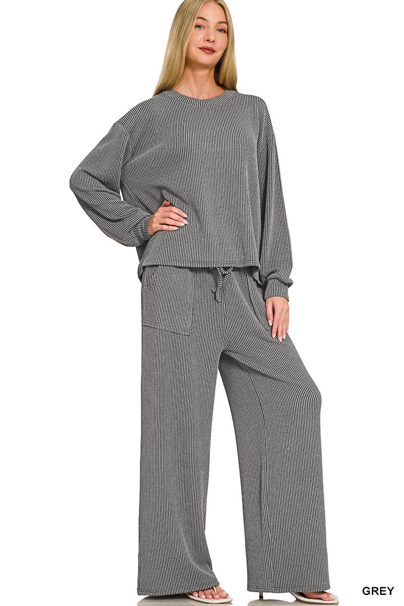 Raised Rib Round Neck Pullover & Pants 2PC Set