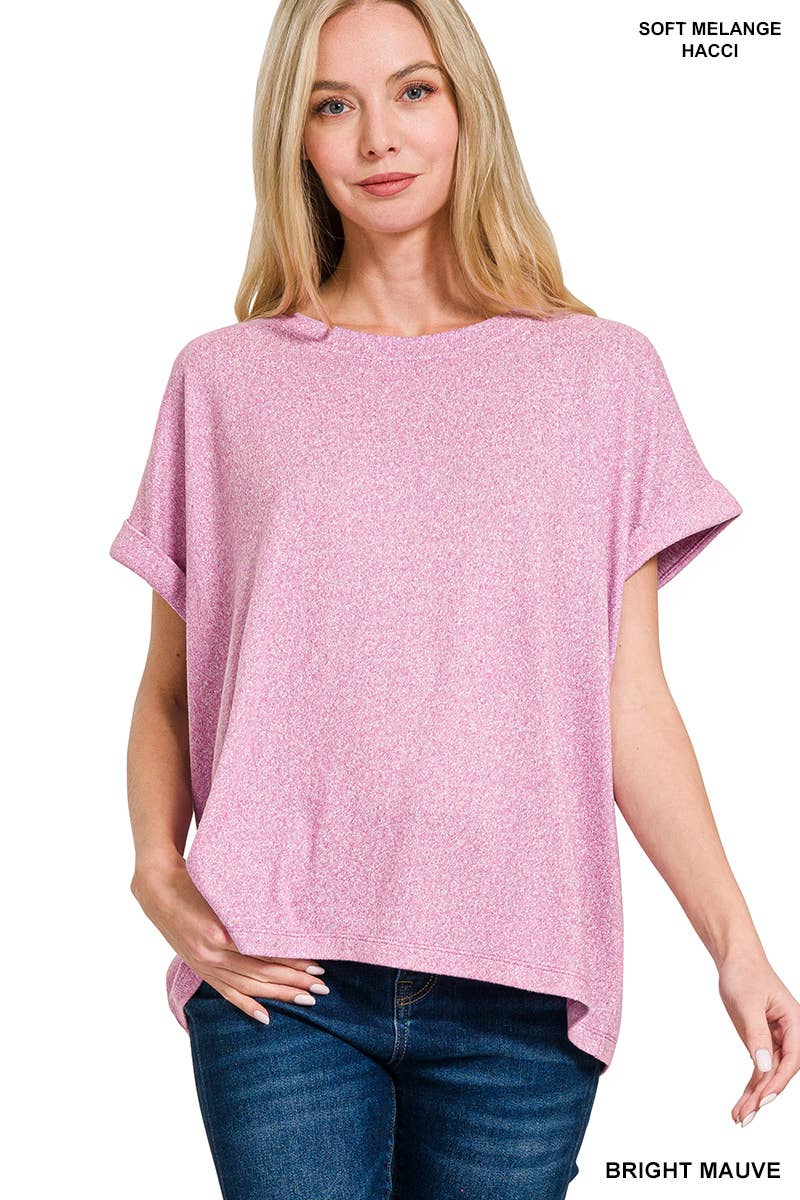 Soft Melange Folded Sleeve Round Neck Top - Zenana