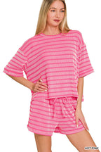 0420 Raised Rib Striped Tee & Shorts Set SI-29196