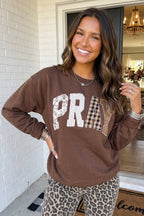 LAS Western PRAY Plaid Letter Patchwork Sweatshirt (S-XL)