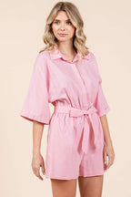 LINEN TIE BELT BUTTON DOWN COLLARED ROMPER