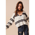 FUZZY HAIRY STRIPE DEEP U NECK SWEATER TOP