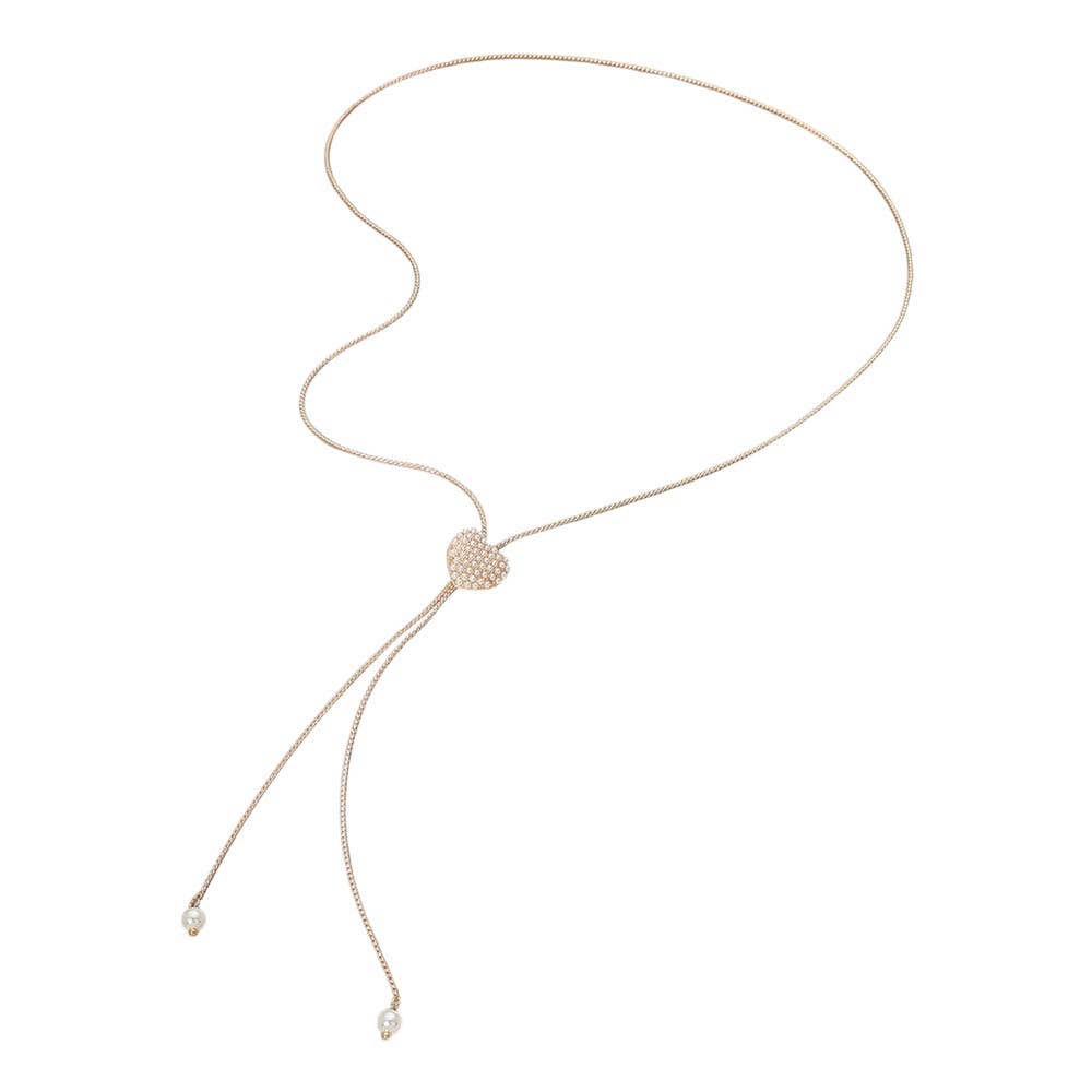 Pearl Pave Heart Pendant Accent Adjustable Sliding Bolo Long Necklace