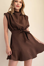 Cowl Neck Sleeveless Waist Tie Mini Dress