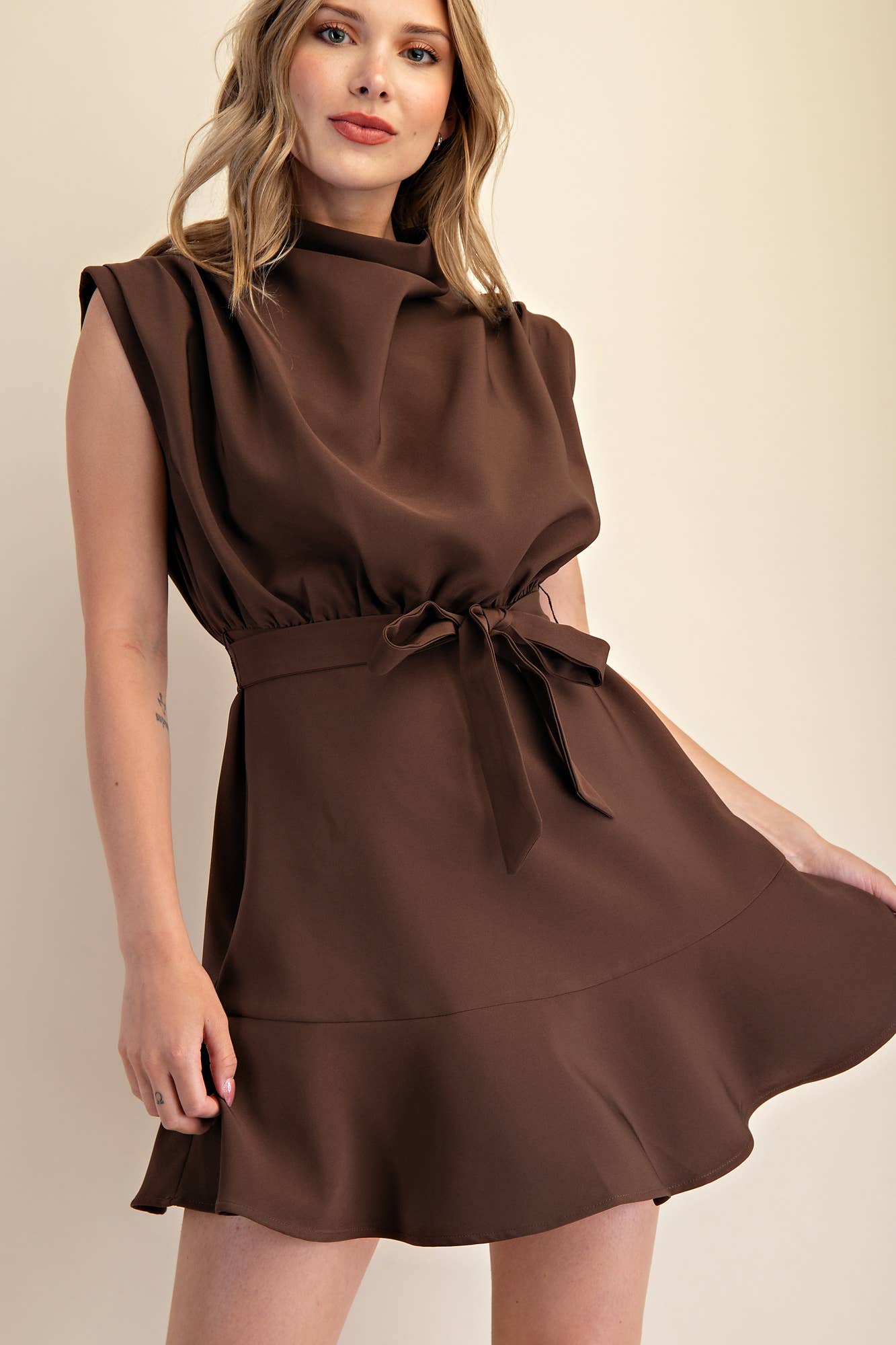 Cowl Neck Sleeveless Waist Tie Mini Dress