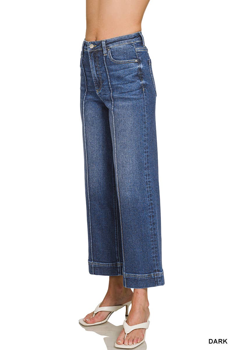 High Rise Wide Leg Pintuck Denim Pants Zenana