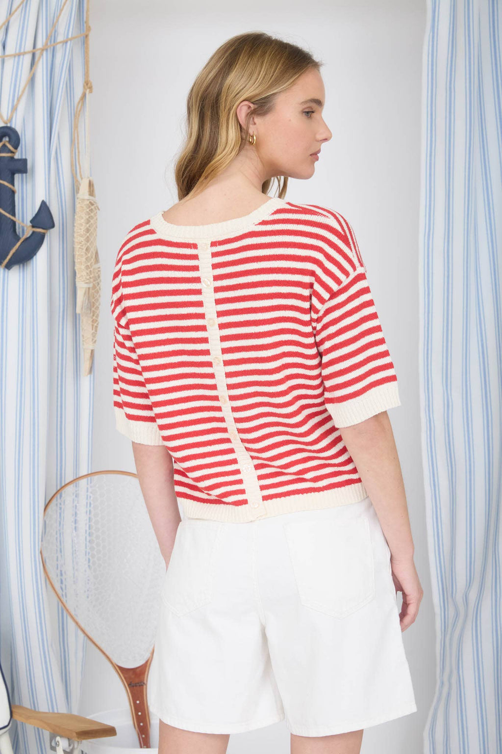 STRIPE CONTRAST TRIM SHORT SLEEVE KNIT SWEATER