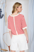 STRIPE CONTRAST TRIM SHORT SLEEVE KNIT SWEATER