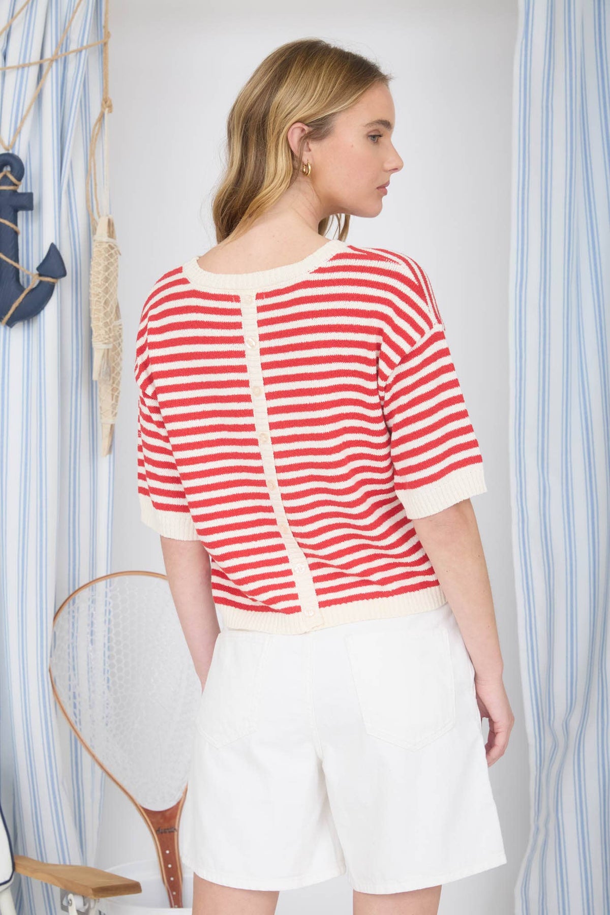 STRIPE CONTRAST TRIM SHORT SLEEVE KNIT SWEATER
