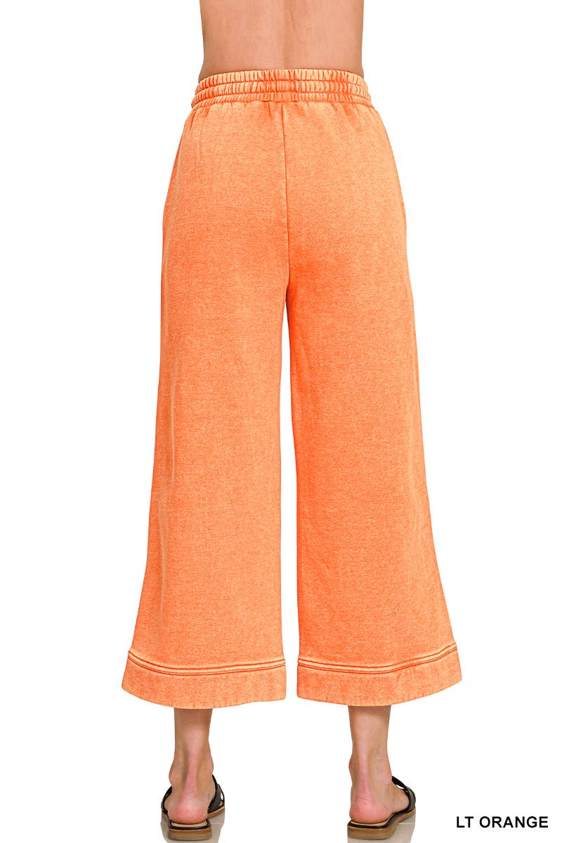 Acid Washed Fleece Pintuck Wide Leg Cropped Pants w/ Pockets